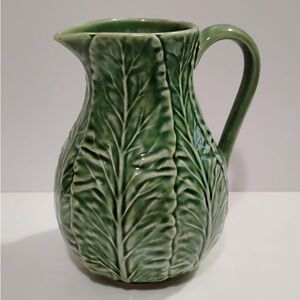 Vintage Bordallo Pinheiro Pitcher 20 oz Cabbage Leaf Green Portugal Majolica 6"